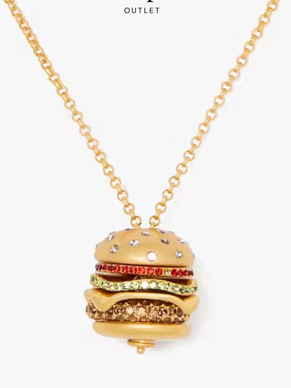 Gold-tone Burger Pendant Necklace with Red & Green Accents